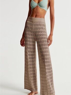 Wide Leg Crochet Knit Pants in Taupe